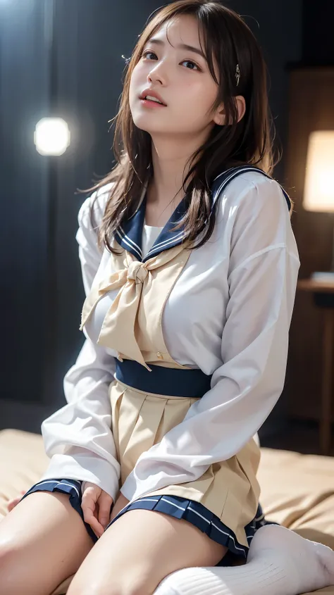((masterpiece)), (( Highest Quality)), ( details), (( very well detailed)), 4K, (8k),  Highest Quality, ( beautiful),  in the classroom ,   cute woman,  1 woman 、 beautiful mature woman, alone, ( sailor suit 、 pleated mini skirt 、 knee-length socks),  beau...