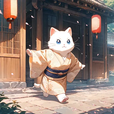 (masterpiece, best quality, ultra-detailed), a cute stylized anthropomorphic semi-human adult Ragdoll cat with a rounded face, bright blue eyes, soft white fur with light brown points, and symmetrical forward-facing ears is walking gracefully down a wide t...