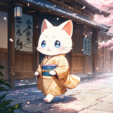 (masterpiece, best quality, ultra-detailed), a cute stylized anthropomorphic semi-human adult Ragdoll cat with a rounded face, bright blue eyes, soft white fur with light brown points, and symmetrical forward-facing ears is walking gracefully down a wide t...