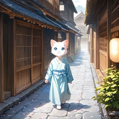 (masterpiece, best quality, ultra-detailed), a cute stylized anthropomorphic semi-human adult Ragdoll cat with a rounded face, bright blue eyes, soft white fur with light brown points, and symmetrical forward-facing ears is walking gracefully down a wide t...