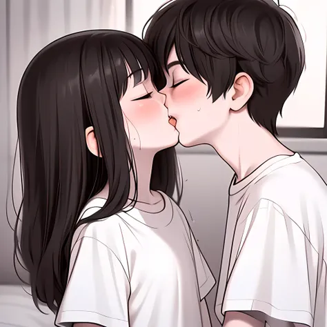 (((Line art))),(((monochrome:1.2))),(((kiss:1.7))),1boy,1girl ,couple,hetero,1 girl ,age,(((black hair))),(long hair),straight hair ,bangs,(((closed eyes))),black eyes,(droopy eyes),chubby,(((short stature))),(((white oversized shirt:1.6))),flat chest ,(sw...