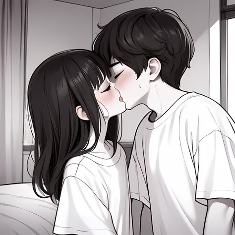 (((Line art))),(((monochrome:1.2))),(((kiss:1.7))),1boy,1girl ,couple,hetero,1 girl ,age,(((black hair))),(long hair),straight hair ,bangs,(((closed eyes))),black eyes,(droopy eyes),chubby,(((short stature))),(((white oversized shirt:1.6))),flat chest ,(sw...