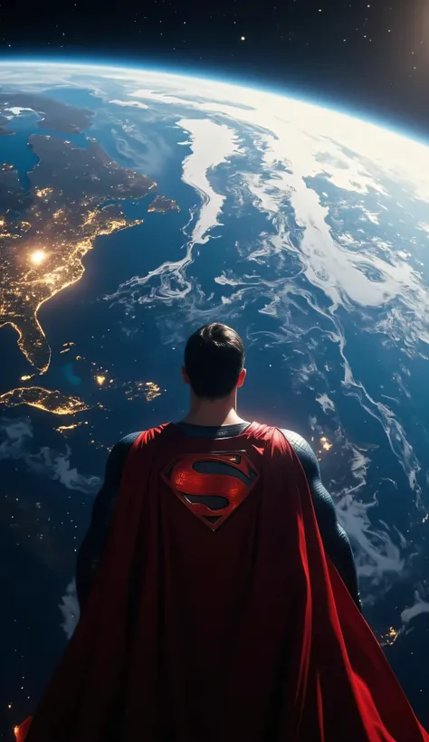 A hyper-realistic, ultra-detailed 8K cinematic scene. The camera is positioned directly behind Superman's head, slightly above and centered, creating a dramatic over-the-shoulder shot from his point of view. Superman is floating silently in outer space, hi...