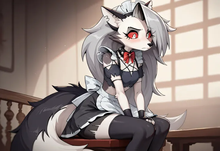 score_9, score_8_up, BREAK, source_anime, (1girl, solo), uncensored, {anthro wolf; , (white body fur), (cute red eyes), perfect body, slim, angri, thigh highs, fingerless gloves, anthro, furry, (Maid Outfit, sitting:1.2), Loona \(Helluva Boss\),