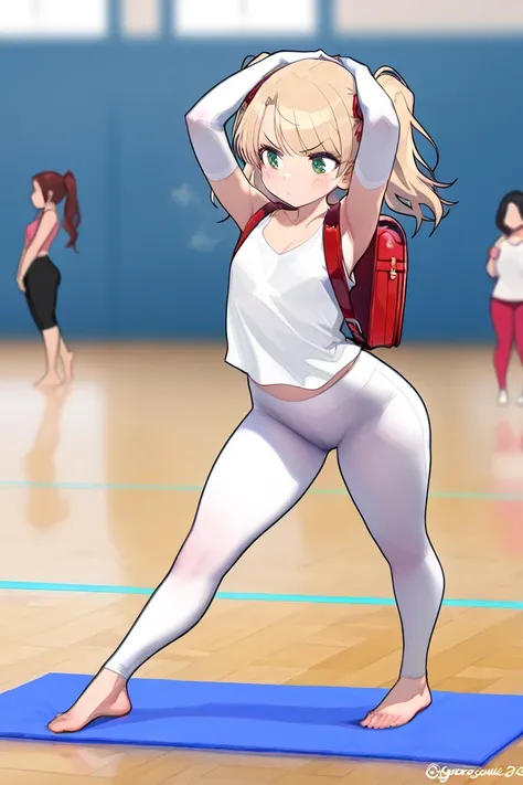 a full body girl, Ui Shigure (Chibi version ), Alone, pigtails, cerquillo, underwear, Gloves, elbow Gloves, red Japanese school backpack, green eyes, blond hair, source_anime, ((masterpiece)), a full body girl,  charming beauty ,  blush,  pretty girl Tsund...