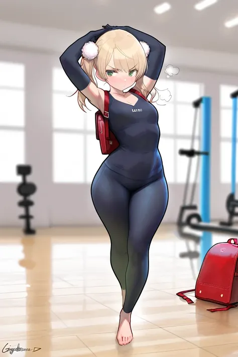 a full body girl, Ui Shigure (Chibi version ), Alone, pigtails, cerquillo, underwear, Gloves, elbow Gloves, red Japanese school backpack, green eyes, blond hair, source_anime, ((masterpiece)), a full body girl,  charming beauty ,  blush,  pretty girl Tsund...