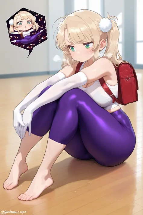 a full body girl, Ui Shigure (Chibi version ), Alone, pigtails, cerquillo, underwear, Gloves, elbow Gloves blancos, red Japanese school backpack, green eyes, perfect eyes, blond hair, source_anime, ((masterpiece)), a full body girl,  charming beauty ,  blu...