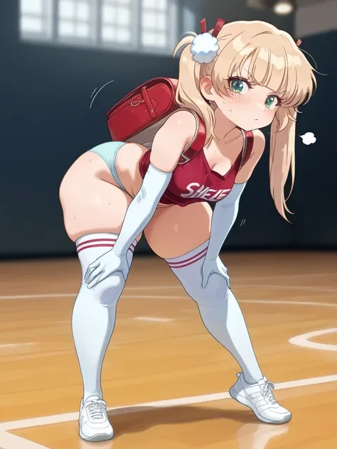 a full body girl, Ui Shigure, Alone, pigtails, cerquillo, Lingerie, Gloves, elbow Gloves blancos, red Japanese school backpack, (green eyes, blond hair), source_anime, ((masterpiece)), ( charming beauty ,  blush,  pretty girl Tsundere, voluptuous body,  sh...
