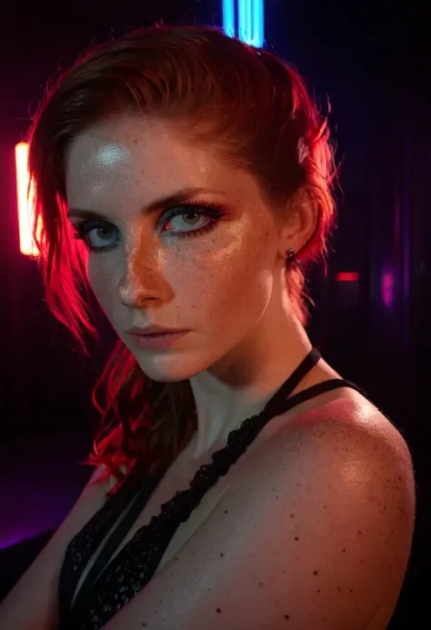 score_9,score_8_up,score_7_up, 1girl, goth, pale skin, (freckles), (dramatic lighting:0.8), neon lighting, rembrandt lighting, noir, pinup, portrait, (high resolution:1.2), intricate, (cinematic quality, extremely detailed:1.4), realistic ambient shadows,...