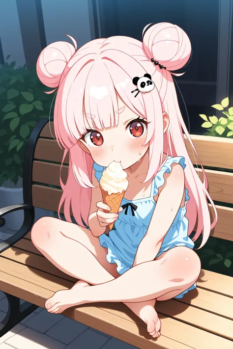 masterpiece, best quality, high resolution,4K, highly detailed, ultra detailed, ((detailed beautiful eyes)), full body, Alone, One person girls, light pink hair, small double bun hair, half twin hair, long hair, hime cut, thin oval eyebrows, Red Eyes, ((ba...