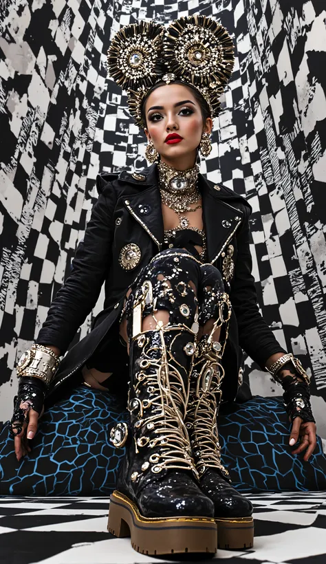 In an environment like a checkerboard A surreal work that represents a seated Nordic fashion model.  The beautiful punk metal woman wears black leather clothing and spikes with platform boots that combine intricate details with abstract and geometric shape...