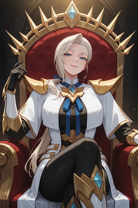 Silvanna base,a mature woman,ojos azules,light blonde hair,long haircut,low ponytail,side bangs,Long white gabardine coat with gold details,golden shoulder pads decorated with sharp tips,black shirt,blue bow, nxxyxtx,Gloves, black sleeves with gold trim,ti...