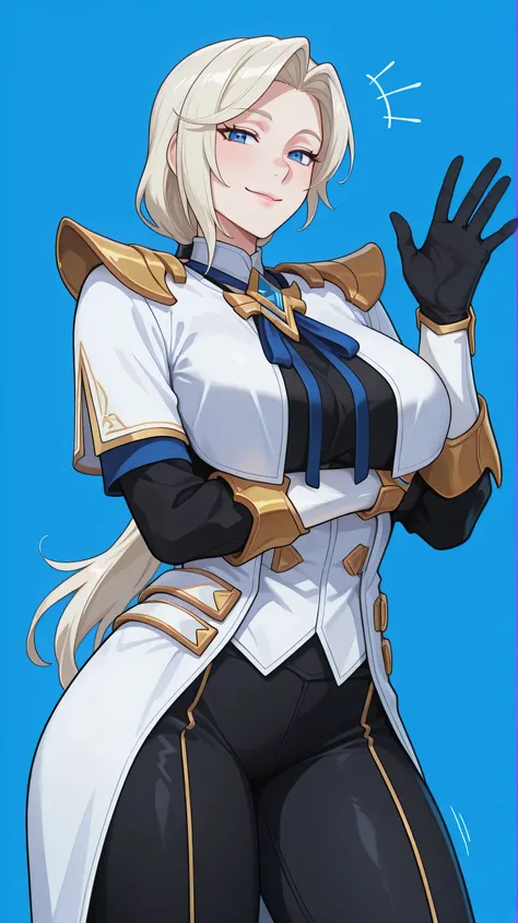Silvanna base,a mature woman,ojos azules,light blonde hair,long haircut,low ponytail,side bangs,Long white gabardine coat with gold details,gold shoulder pads decorated with sharp tips,black shirt,blue bow, nxxyxtx,Gloves, black sleeves with gold trim,tigh...