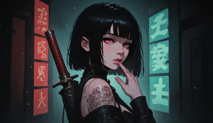 anime girl, full body view, black hair, blunt bangs, katana on back, finger on lips, tattoo sleeve, dramatic lighting, red and green light contrast, Japanese aesthetic, rain, shadow play on face, dark kimono, mysterious atmosphere, cinematic look, high con...