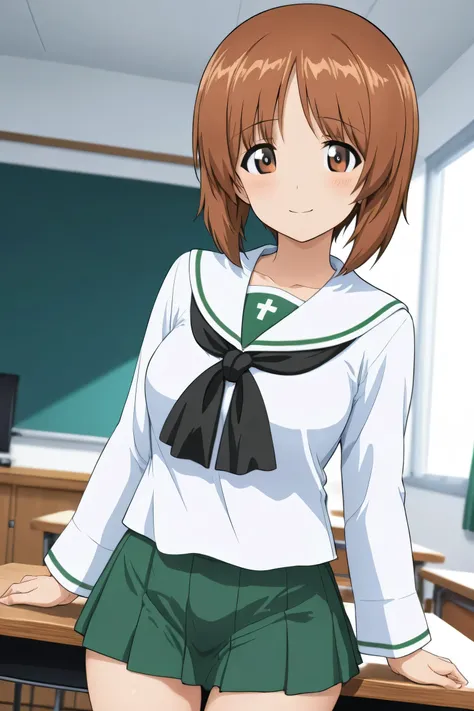 nishizumi miho,ooarai school uniform,cowboy shot,