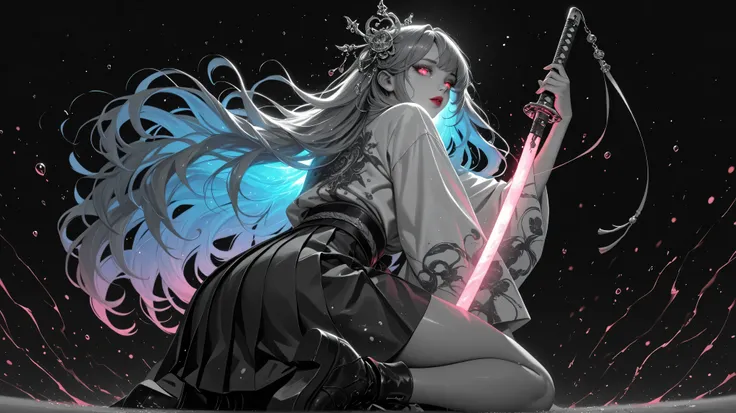 Girl, light jacket, neon color, glossy, glow, shine, She poses playfully on one knee, reaching out with one hand , skirts, more detail, intricate, view from below, back view, Woman, night, dark color pallette, holding extra long katana, shining katana, ilu...