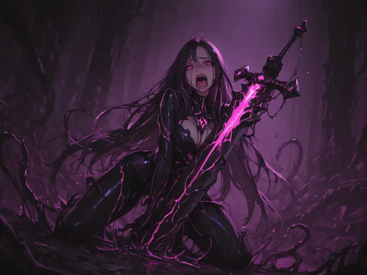 A beautiful young swordswoman with long hair, holding an huge big ornate legendary sword, her body partially overtaken by a black, venomous, symbiotic substance (venom-like corruption), spreading over her skin and outfit. Her expression is a mix of defianc...