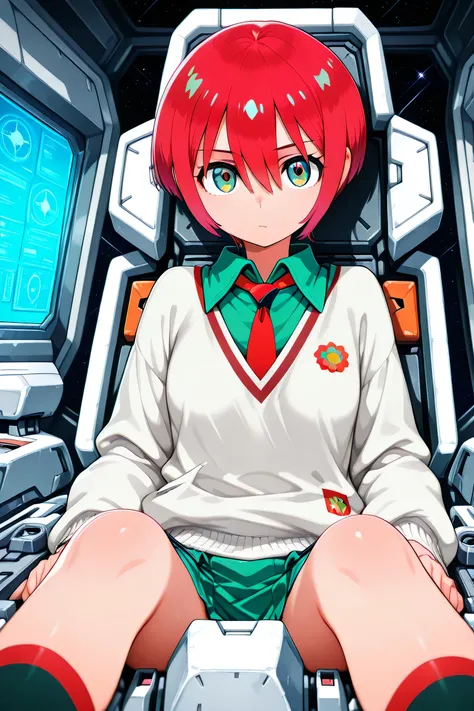  
Amate Yuzuriha, sitting, cockpit, solo, looking at viewer, tie, shirt, long sleeves, white sweater, green collared shirt, socks, red tie, green uniform skirt, mouth closed, space background
gundam_gquuuuuux_amate_yuzuriha, redhead, short hair, hair betwe...