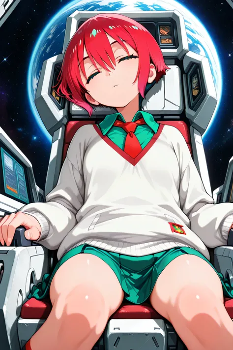  
Amate Yuzuriha, closed eyes, sleeping, red necktie, sitting, cockpit, solo, looking at viewer, tie, shirt, long sleeves, white sweater, green collared shirt, socks, red tie, green uniform skirt, mouth closed, space background
gundam_gquuuuuux_amate_yuzur...