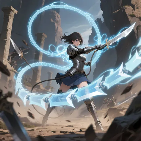 Anime style illustration, Fantasy battle, Dynamic whip action, Aura control, Dimensional movement.
A female knight with a fierce, determined expression, wearing knightly armor modified with a mini skirt, is surrounded by a glowing energy aura (e.g., bright blue or shimmering white) emanating from her body. She is telekinetically controlling a segmented blade whip (like an articulated sword-whip, each segment being a sharp blade) with her aura. The whip is captured mid-strike, its path forming complex, dynamic curves, loops, and twists through the three-dimensional space of the battlefield. It might be slashing through the air, wrapping around an obstacle, or striking an unseen enemy. The movement of the whip is visually guided by visible energy threads or fields extending from her aura to the whip.

**Camera:** Dynamic angled shot from slightly behind and to the side of the knight, looking forward along the trajectory of the whipping blade. The composition emphasizes the whip's motion and depth as it extends into the scene, showing its path in curves and bends. Motion blur is applied to the whip segments in rapid motion to convey speed.
**Lighting:** Dramatic lighting, with light from her aura and the whip's movement casting dynamic shadows. Highlights catch on the sharp edges of the blade segments.
**Background:** A fantasy battlefield environment (e.g., a ruined temple, a rocky canyon) that allows the whip's movement through space to be clearly seen against the backdrop.
