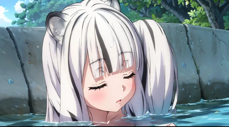 1 girl, alone, masterpiece, Highest Quality、1girl, closed eyes, white hair, two-tone hair, tiger ears, tiger tail, White swimsuit、school swimsuit、Spirit、Water Drop、Mysterious、magic、Transparent hair、pool、water slider、