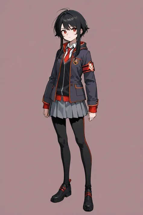 A beautiful girl with short black hair with long locks and fringe, Wearing a dark-colored techwear-style sci-fi school uniform from a battle academy with a college coat of arms, look attractive and calm, eyes in the color red. Concept art, full body, fundo...