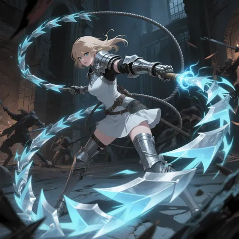 Anime style illustration, Dynamic battle, Fantasy action, Whip combat, Three-dimensional effect.
A female knight in a mini skirt, her expression fierce and focused on combat. She wears light, functional knightly armor including a specialized gauntlet on one arm. A whip with sharp, interconnected blade segments extends dynamically from this gauntlet, controlled by her own visible aura or magical energy (e.g., glowing blue or white). She is actively slashing and whipping the blade-segmented whip through the air in a complex, three-dimensional pattern, attacking unseen or partially visible enemies. The whip moves with incredible speed and precision, its trajectory clearly rendered as it curves, twists, and coils in space, creating a sense of dynamic depth.

**Camera:** Dynamic medium shot, capturing the female knight in a powerful stance and the full, sweeping, three-dimensional path of her whip as it moves through the frame. The camera angle emphasizes the depth and three-dimensionality of the whip's movement as it wraps around obstacles or cuts through the air towards targets. Light trails follow the whipping blades, enhancing their speed and visibility.
**Lighting:** Dramatic lighting, with bright light emanating from her aura and the whipping blades, casting sharp shadows on her, the whip itself, and the battle environment. The light emphasizes the metallic gleam of the blades.
**Background:** A fantasy battle environment, like a dark dungeon, a ruined hall, or a chaotic street, with hints of enemies reacting to or being affected by the whip attack, adding context to the battle.
