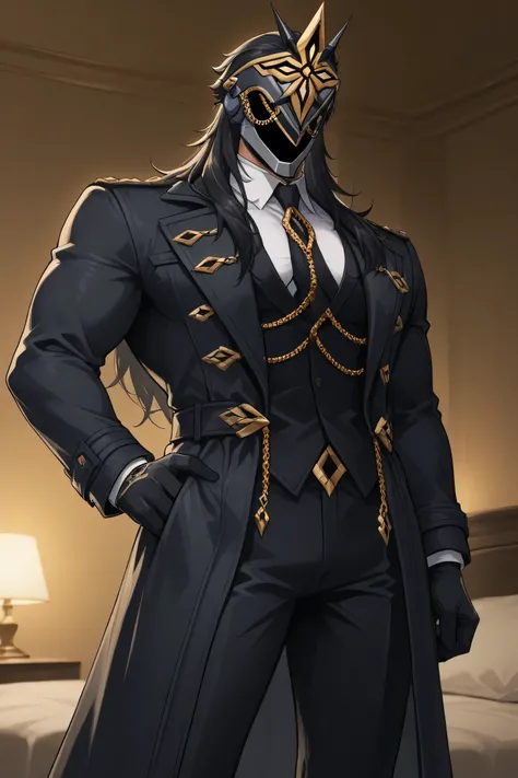 score_9, score_7_up,  source _ Anime Ilcapitano , a boy, Alone, male approach, BLACK HAIR, Long hair, Mascara, Faceless,  Masked man ,
 Hotel room interior , Party atmosphere ,interior lighting,
white t-shirt with long sleeve buttons, black tie,black coat,...