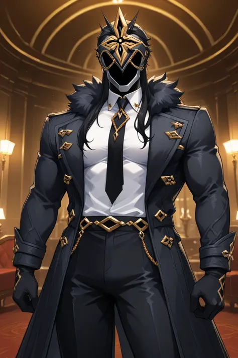 score_9, score_7_up,  source _ Anime Ilcapitano , a boy, Alone, Male Focus, BLACK HAIR, cabello largo, Mascara, Faceless,  Masked man ,
hotel interior, Party atmosphere ,interior lighting,
white t-shirt with long sleeve buttons, black tie,black coat,  Skin...