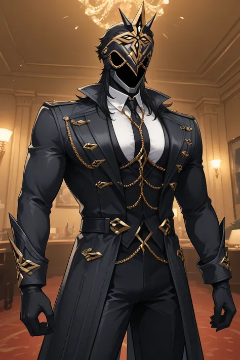 score_9, score_7_up,  source _ Anime Ilcapitano , a boy, Alone, Male Focus, BLACK HAIR, cabello largo, Mascara, Faceless,  Masked man ,
hotel interior, Party atmosphere ,interior lighting,
white t-shirt with long sleeve buttons, black tie,black coat,  Skin...