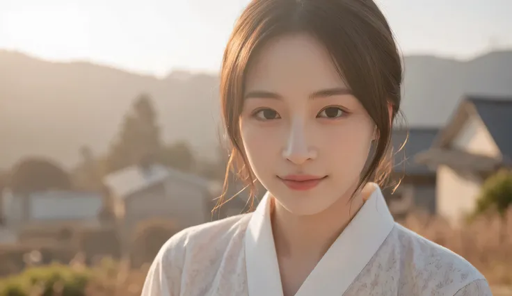 same woman smiling faintly, wearing white hanbok jeogori, soft early sunlight on her face, vintage 1950s Korean village