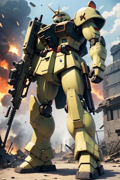 Please draw what you like.8k,The image features a Zaku II, a mobile suit from the Gundam series, depicted in a war-torn battlefield. The Zaku II is shown from a side angle, towering over the ground vehicles and the chaotic scene below. The mobile suit is i...