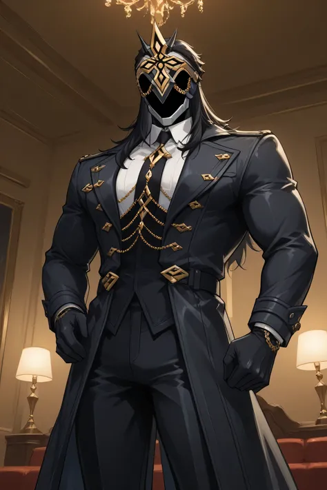 score_9, score_7_up,  source _ Anime Ilcapitano , a boy, Alone, Male Focus, BLACK HAIR, cabello largo, Mascara, Faceless,  Masked man ,
hotel interior, Party atmosphere ,interior lighting,
white t-shirt with long sleeve buttons, black tie,black coat,  Skin...