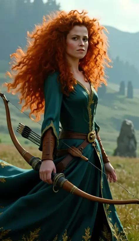 "Full-body portrait of Sigourney Weaver as Merida from Disney-Pixar's Brave, with long, wild, curly bright red hair flowing in the wind, wearing a realistic version of Merida’s deep green medieval dress with gold embroidery and a leather belt, holding a bo...