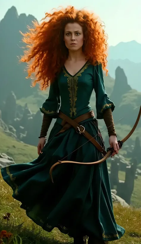 "Full-body portrait of Sigourney Weaver as Merida from Disney-Pixar's Brave, with long, wild, curly bright red hair flowing in the wind, wearing a realistic version of Merida’s deep green medieval dress with gold embroidery and a leather belt, holding a bo...