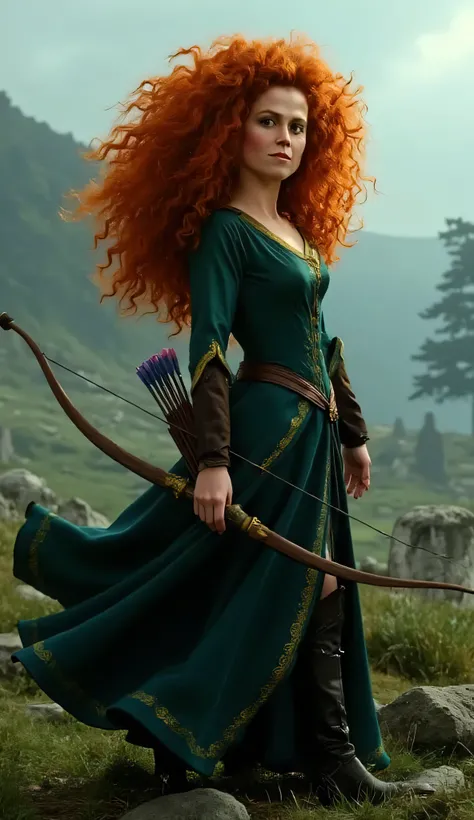 "Full-body portrait of Sigourney Weaver as Merida from Disney-Pixar's Brave, with long, wild, curly bright red hair flowing in the wind, wearing a realistic version of Merida’s deep green medieval dress with gold embroidery and a leather belt, holding a bo...
