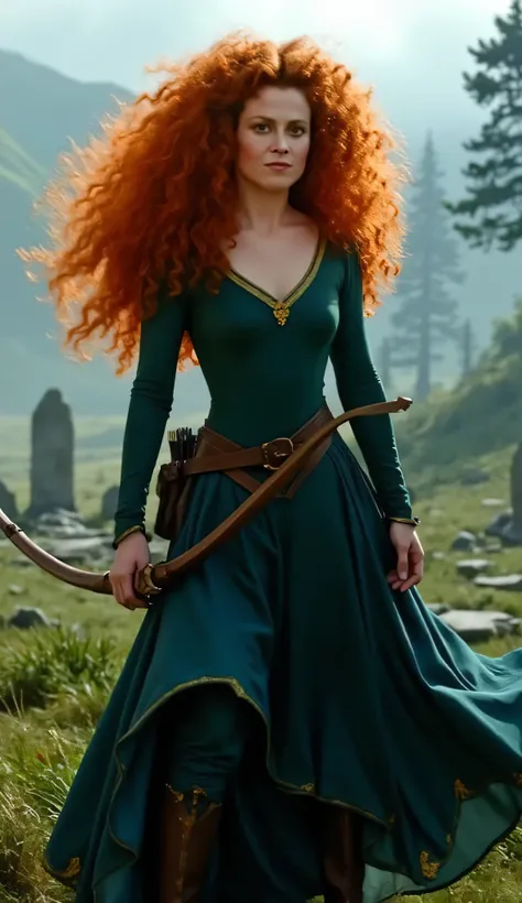 "Full-body portrait of Sigourney Weaver as Merida from Disney-Pixar's Brave, with long, wild, curly bright red hair flowing in the wind, wearing a realistic version of Merida’s deep green medieval dress with gold embroidery and a leather belt, holding a bo...