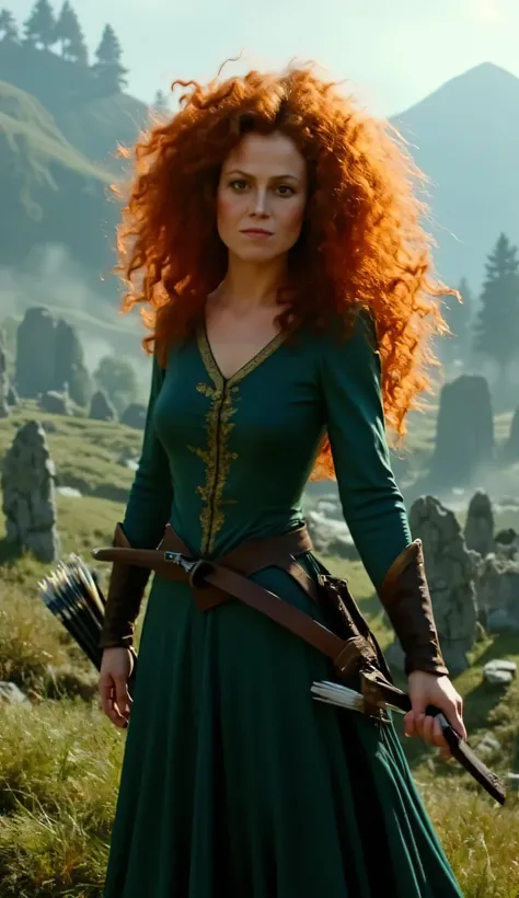 "Full-body portrait of Sigourney Weaver as Merida from Disney-Pixar's Brave, with long, wild, curly bright red hair flowing in the wind, wearing a realistic version of Merida’s deep green medieval dress with gold embroidery and a leather belt, holding a bo...
