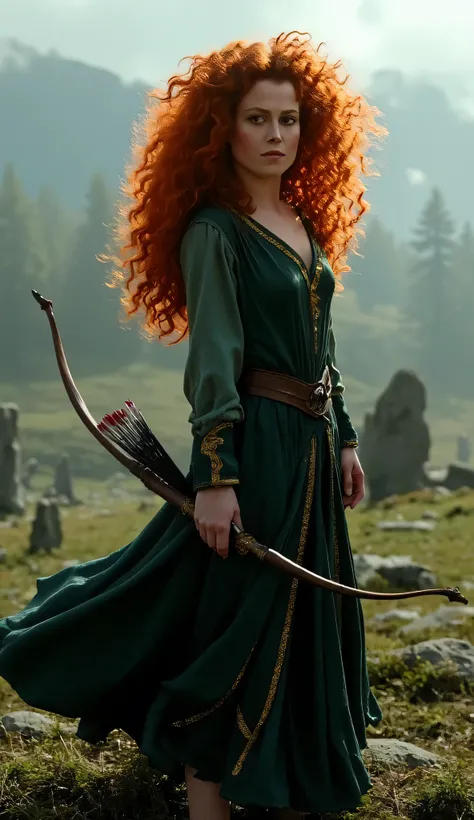 "Full-body portrait of Sigourney Weaver as Merida from Disney-Pixar's Brave, with long, wild, curly bright red hair flowing in the wind, wearing a realistic version of Merida’s deep green medieval dress with gold embroidery and a leather belt, holding a bo...