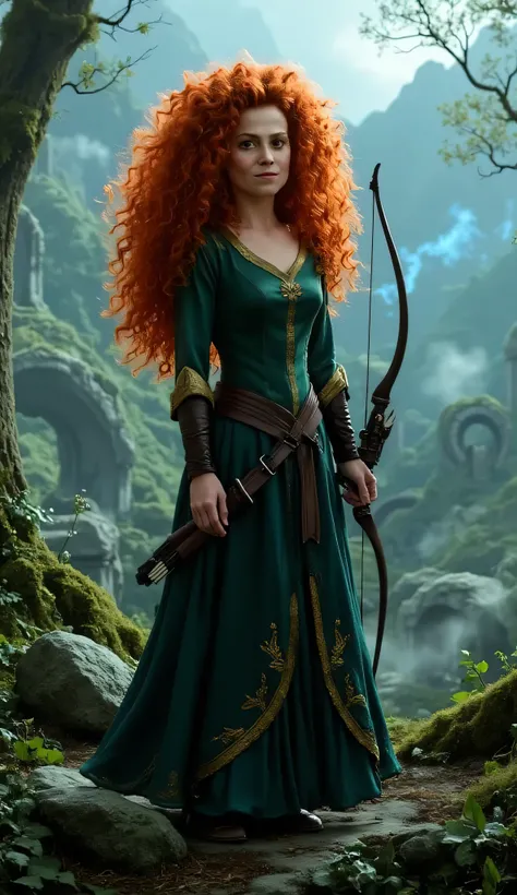 "Full-body portrait of Sigourney Weaver as Merida from Disney-Pixar's Brave, with long, wild curly red hair flowing freely, wearing a realistic version of Merida’s deep green medieval dress with golden embroidery and leather accents. She holds a longbow at...