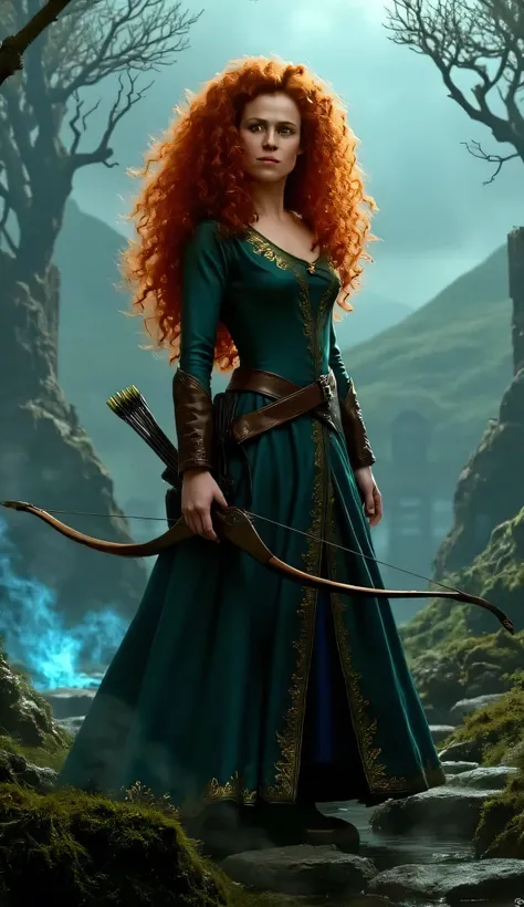 "Full-body portrait of Sigourney Weaver as Merida from Disney-Pixar's Brave, with long, wild curly red hair flowing freely, wearing a realistic version of Merida’s deep green medieval dress with golden embroidery and leather accents. She holds a longbow at...