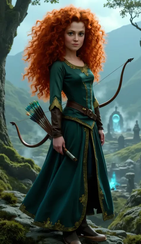 "Full-body portrait of Sigourney Weaver as Merida from Disney-Pixar's Brave, with long, wild curly red hair flowing freely, wearing a realistic version of Merida’s deep green medieval dress with golden embroidery and leather accents. She holds a longbow at...