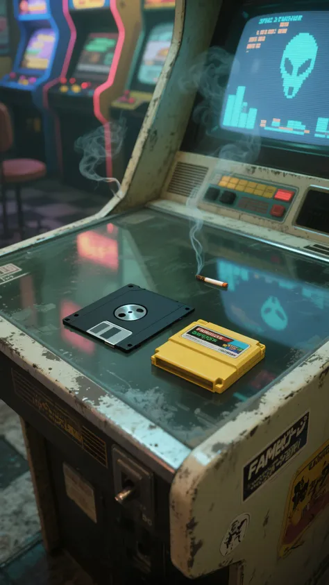 masterpiece, best quality, anime style, top-down or slightly angled view of a retro arcade setting — the top of an early 1970s-style Space Invaders arcade cabinet, with a thick glass panel and CRT monitor beneath
on the glass surface lie two nostalgic obj...