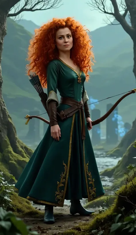 "Full-body portrait of Sigourney Weaver as Merida from Disney-Pixar's Brave, with long, wild curly red hair flowing freely, wearing a realistic version of Merida’s deep green medieval dress with golden embroidery and leather accents. She holds a longbow at...