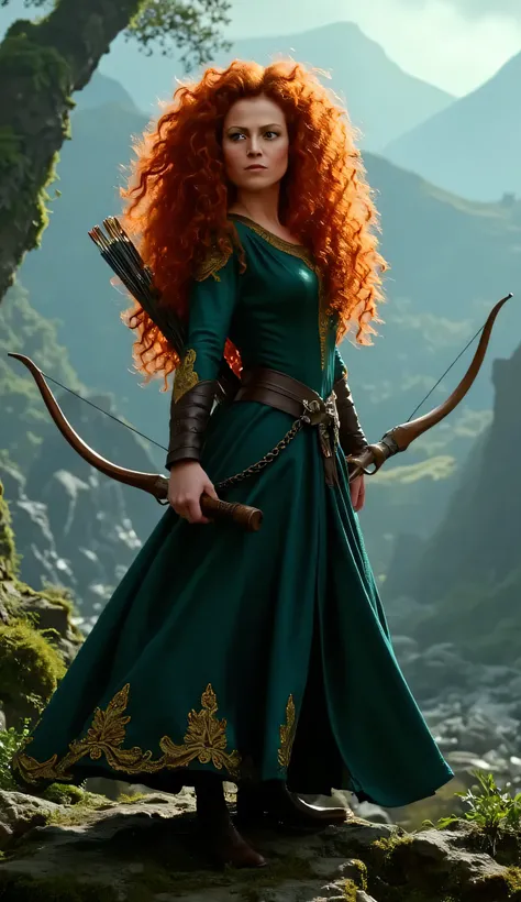 "Full-body portrait of Sigourney Weaver as Merida from Disney-Pixar's Brave, with long, wild curly red hair flowing freely, wearing a realistic version of Merida’s deep green medieval dress with golden embroidery and leather accents. She holds a longbow at...