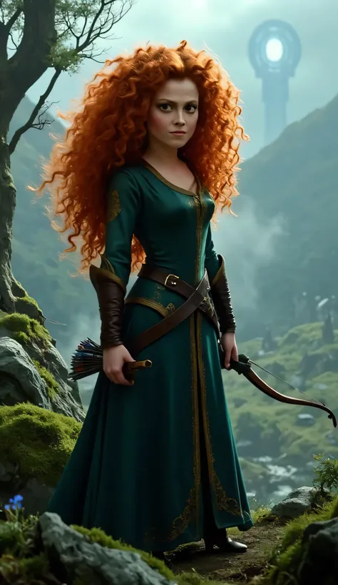 "Full-body portrait of Sigourney Weaver as Merida from Disney-Pixar's Brave, with long, wild curly red hair flowing freely, wearing a realistic version of Merida’s deep green medieval dress with golden embroidery and leather accents. She holds a longbow at...