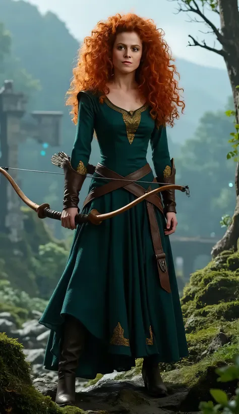 "Full-body portrait of Sigourney Weaver as Merida from Disney-Pixar's Brave, with long, wild curly red hair flowing freely, wearing a realistic version of Merida’s deep green medieval dress with golden embroidery and leather accents. She holds a longbow at...