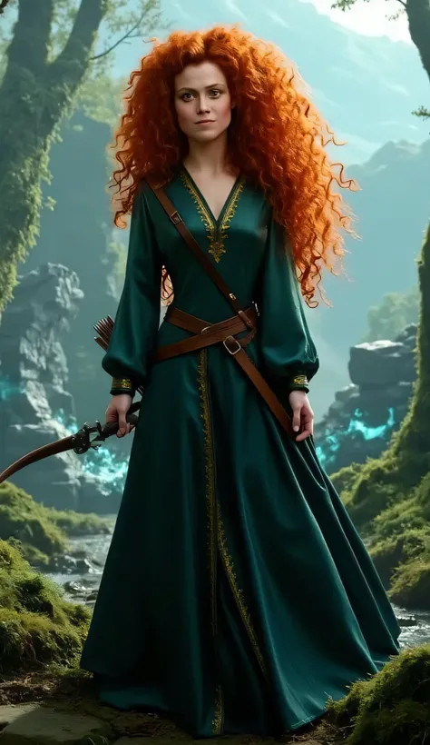 "Full-body portrait of Sigourney Weaver as Merida from Disney-Pixar's Brave, with long, wild curly red hair flowing freely, wearing a realistic version of Merida’s deep green medieval dress with golden embroidery and leather accents. She holds a longbow at...
