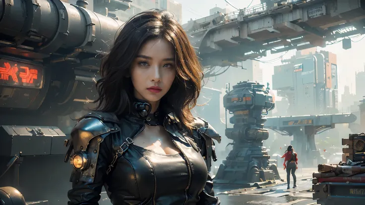 ((best quality)), (( masterpiece)), 3D, BEAUTIFUL WOMAN,After the Rain,Mist, Busy streets,(cyberpunk:1.3), wear black leather clothes,Stylish woman looking into the camera,complicated details that make my whole body shiver, 8K Post-production, high resolu...