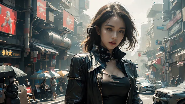 ((best quality)), (( masterpiece)), 3D, BEAUTIFUL WOMAN,After the Rain,Mist, Busy streets,(cyberpunk:1.3), wear black leather clothes,Stylish woman looking into the camera,complicated details that make my whole body shiver, 8K Post-production, high resolu...